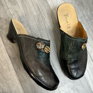 Think! Green Black Brown leather mule clog slip on shoes Size 37/ US 6